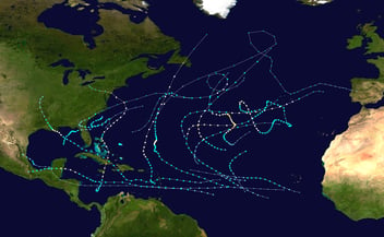 A geographic map charting the hurricanes of the 2012 season